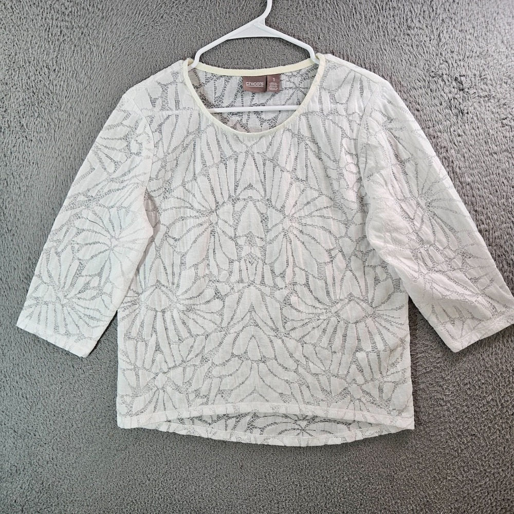 Chico's Top Women Size 1 Lightweight Semi-Sheer Floral Lace White